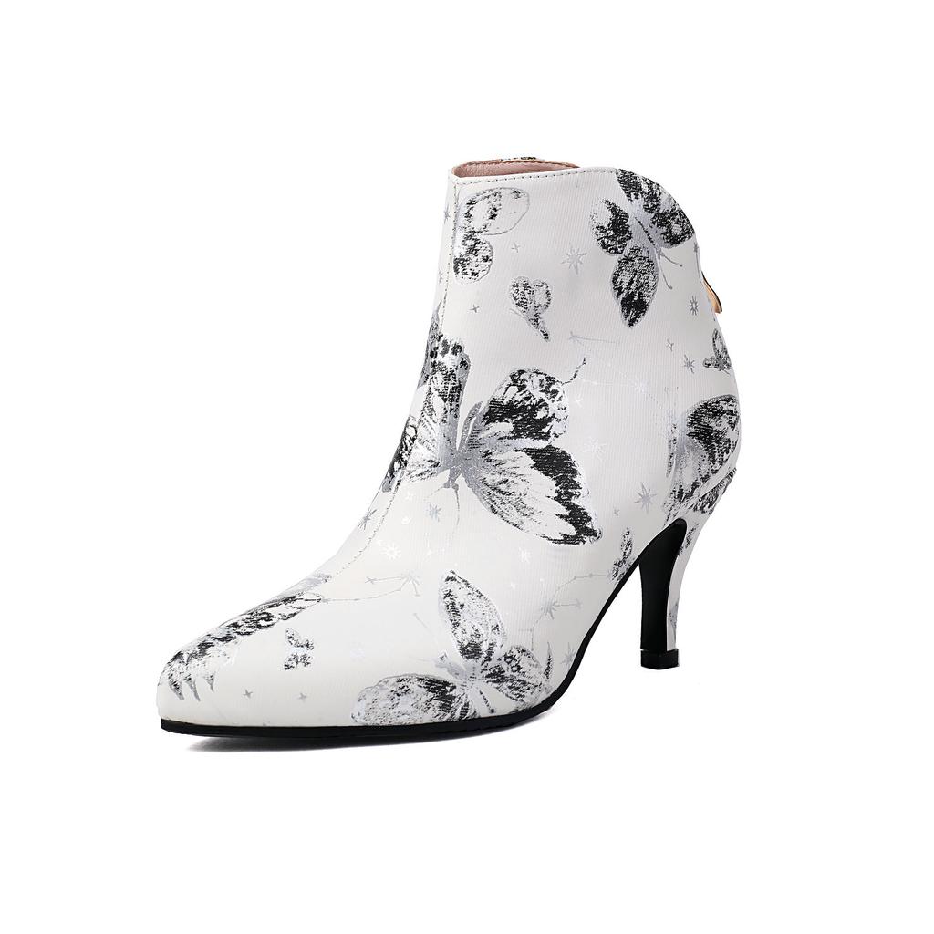 Concise Women's Ankle Boots Floral Print Heels Shoes PU Pointed Toe Footwear 2024 Autumn Winter New