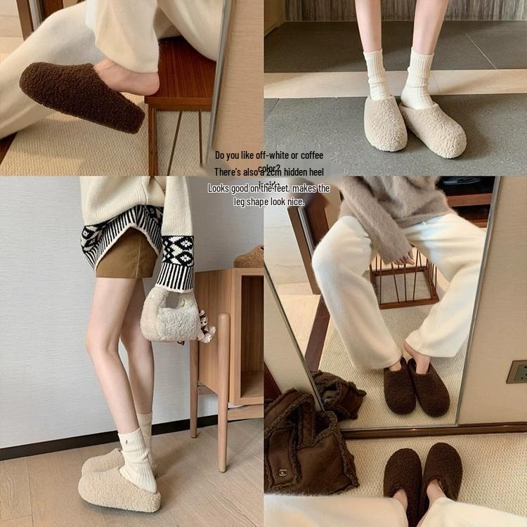 2025 Winter Women's Furry Outdoor Shoes, Velvet-Lined, Thickened, Closed-Toe Fur Slippers, Warm Lambswool Loafers