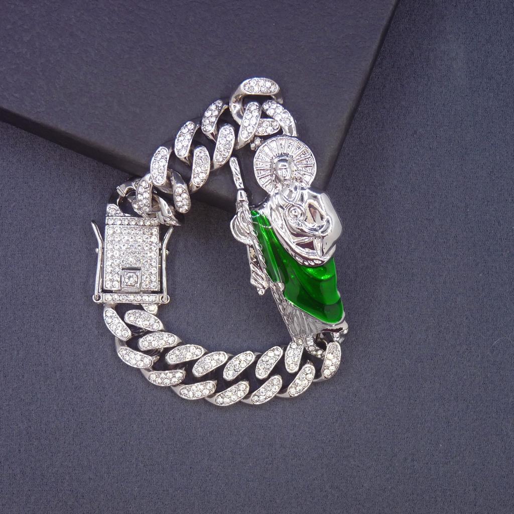 A Fashionable Zinc Alloy Cuban Chain Bracelet with Glitter Decoration and Shengling Pendant, Non-Magnetic, Non-Coated Jewelry Gift