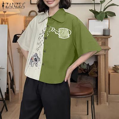 Women Turn Down Collar Half Sleeve Loose Patchwork Blouse