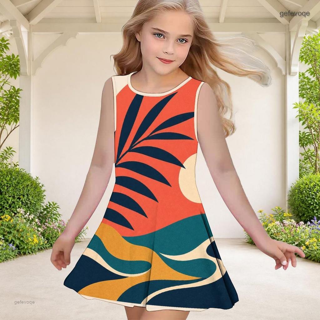Girls Round Neck Sleeveless A Line Flared Hem Printed Gradient Dress