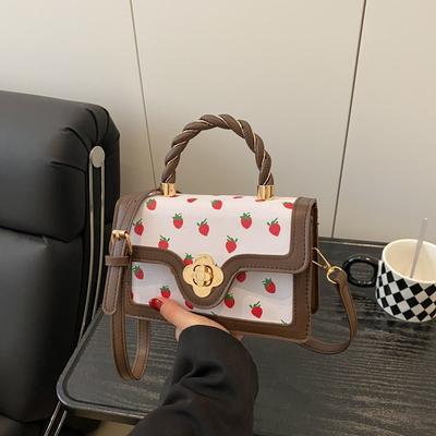 Little Cherry Printed Shoulder Bag Women's New Twist Portable Small Square Bag Fresh Contrast Color Design Messenger Bag