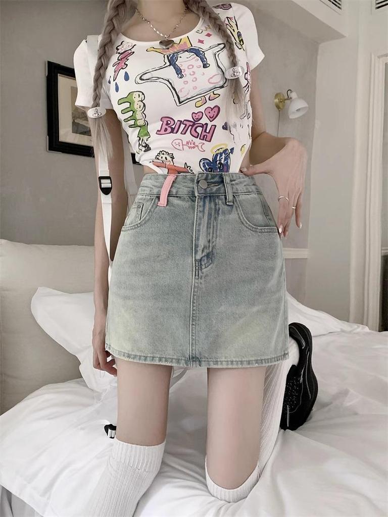 Women's Retro High Waist Denim Midi Skirt - Summer A-line Slim Fit