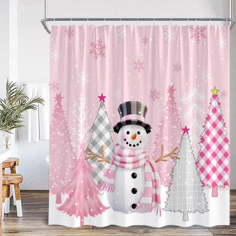 Funny Snowman Shower Curtain Silver Pine Branches Winter Forest Cedar Red Truck Elf Christmas Bath Curtains Home Bathroom Decor