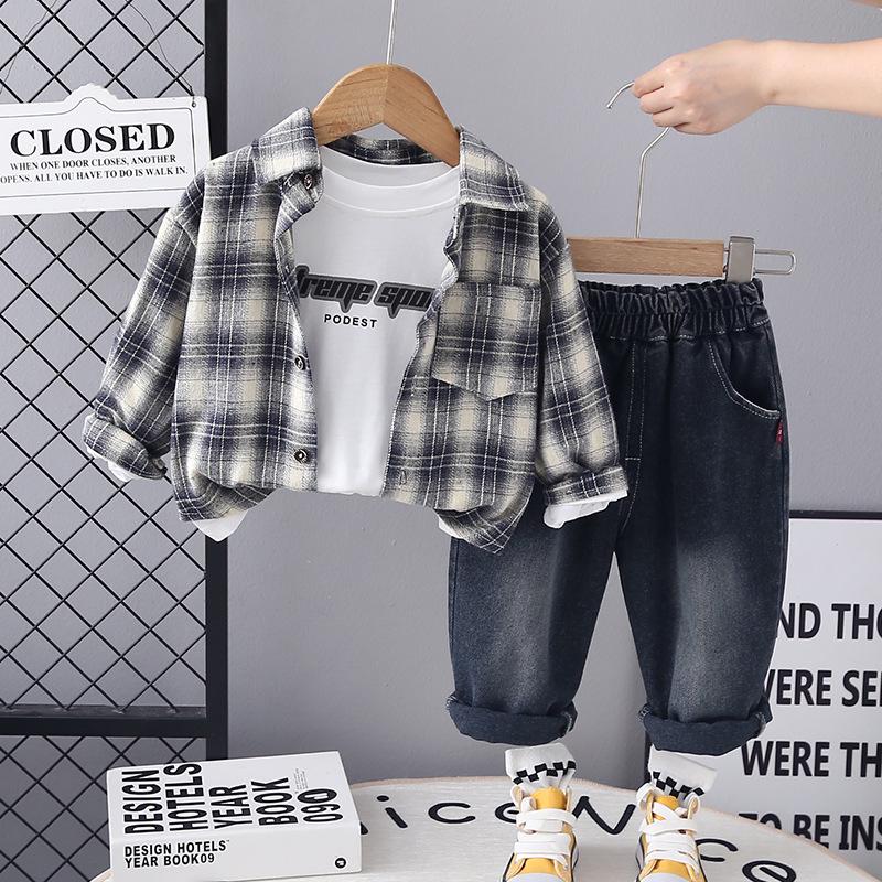 2025 Plaid Shirt Boy's Retro Fashion Three-Piece Set: Casual Spring & Autumn Outerwear