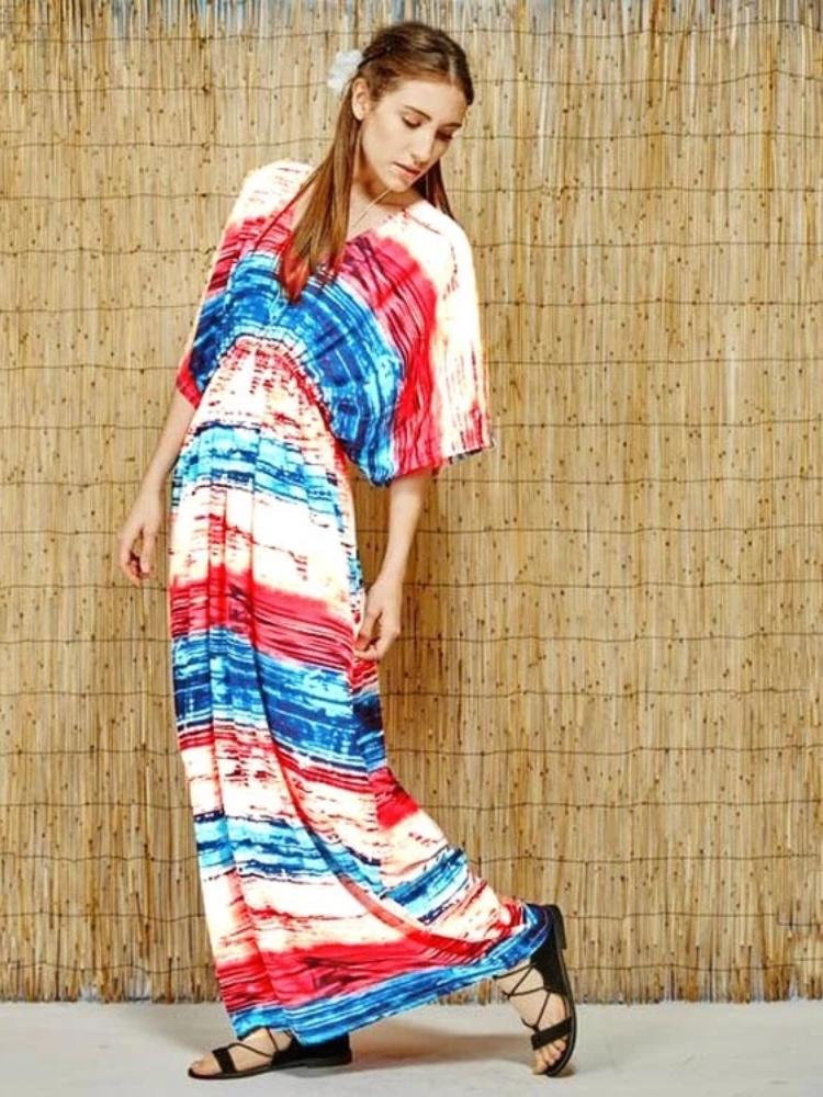 EDOLYNSA 2024 Summer Women Floral Maxi Beach Dresses Boho Beach Wear Multicolor Striped V Neck Half Sleeve High Waist Dress Ladies Q246