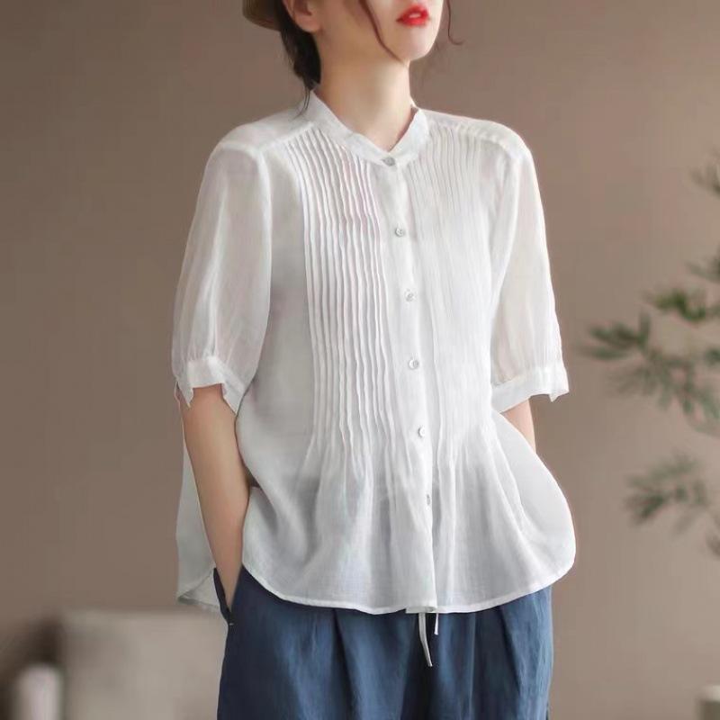 Summer Art Retro Fine Linen Top Women's Thin Cotton Linen Short Sleeved Shirt Blouses & Shirts