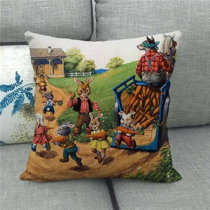 Happy Home Pillowcase Funny Rabbit Easter Egg Print Cushion Cover Pastoral Cartoon Hare Pattern