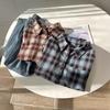 Damen Retro Kariertes Gebürstetes Hemd, Herbst/Winter Koreanischer Stil, Colorblock, Lockerer Polokragen, Dickes Freizeit-Oberteil.