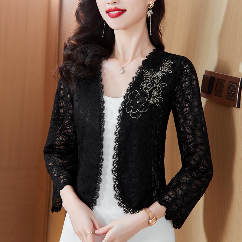 

Женская вышитая короткая куртка, кардиган с высокой талией, кружевная куртка S
