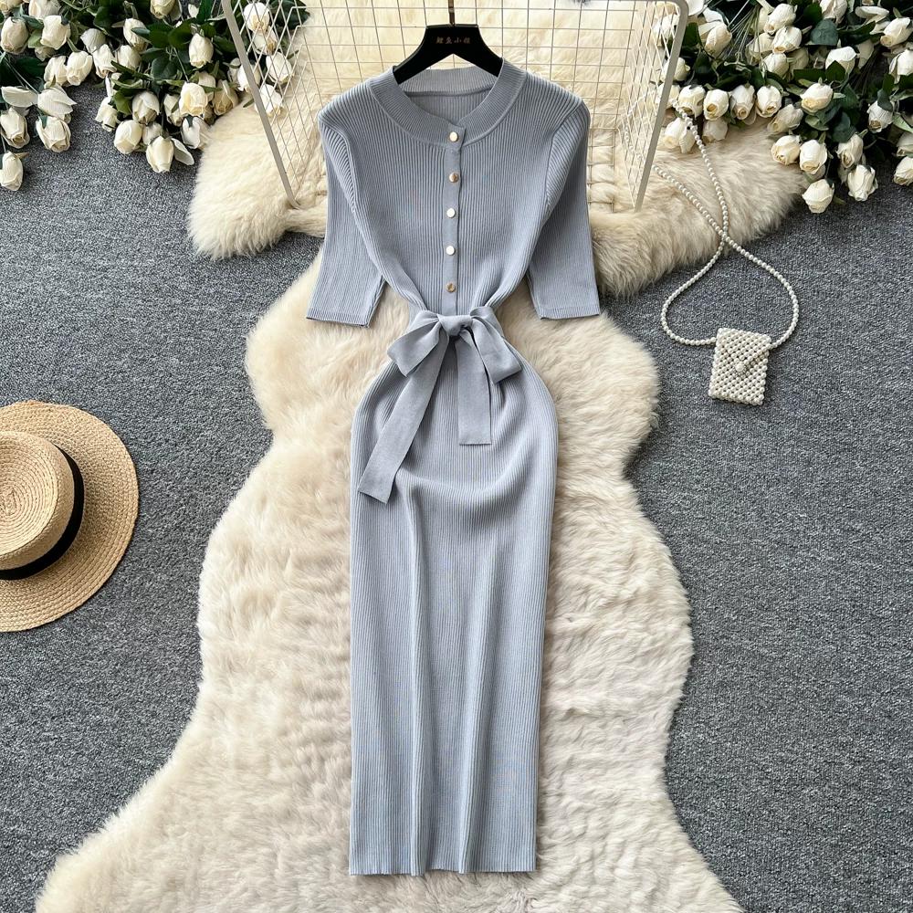 Solid O-neck Knitted Sweater Dress for Women Summer Autumn Short-Sleeve Single-Breasted Tie-Waist Slimming Elegant Bodycon Dress