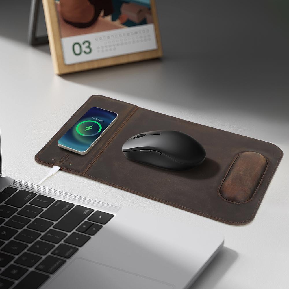 Genuine Leather Mouse Pad With Qi Wireless Charging Desk Pad For Xiaomi Iphone Samsung Galaxy Huawei Type USB C Keyboard Mat