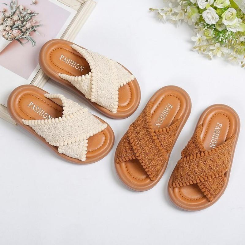 Girls Sandals 2026 Woven Beach Slides Princess Style Cross-Strap Outdoor Flip Flops Kids