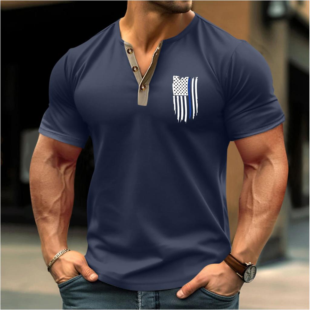 Vintage Summer Men's T-Shirt Streetwear 3 Buttons Open Fly Loose Clothing Print Short Sleeve T-Shirt