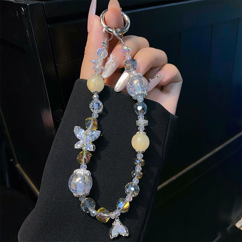 Ins Style Mermaid Pendant Beaded Phone Charm Y2K  Butterfly Phone Chain Anti Lost Wrist Lanyard Keychain Gifts
