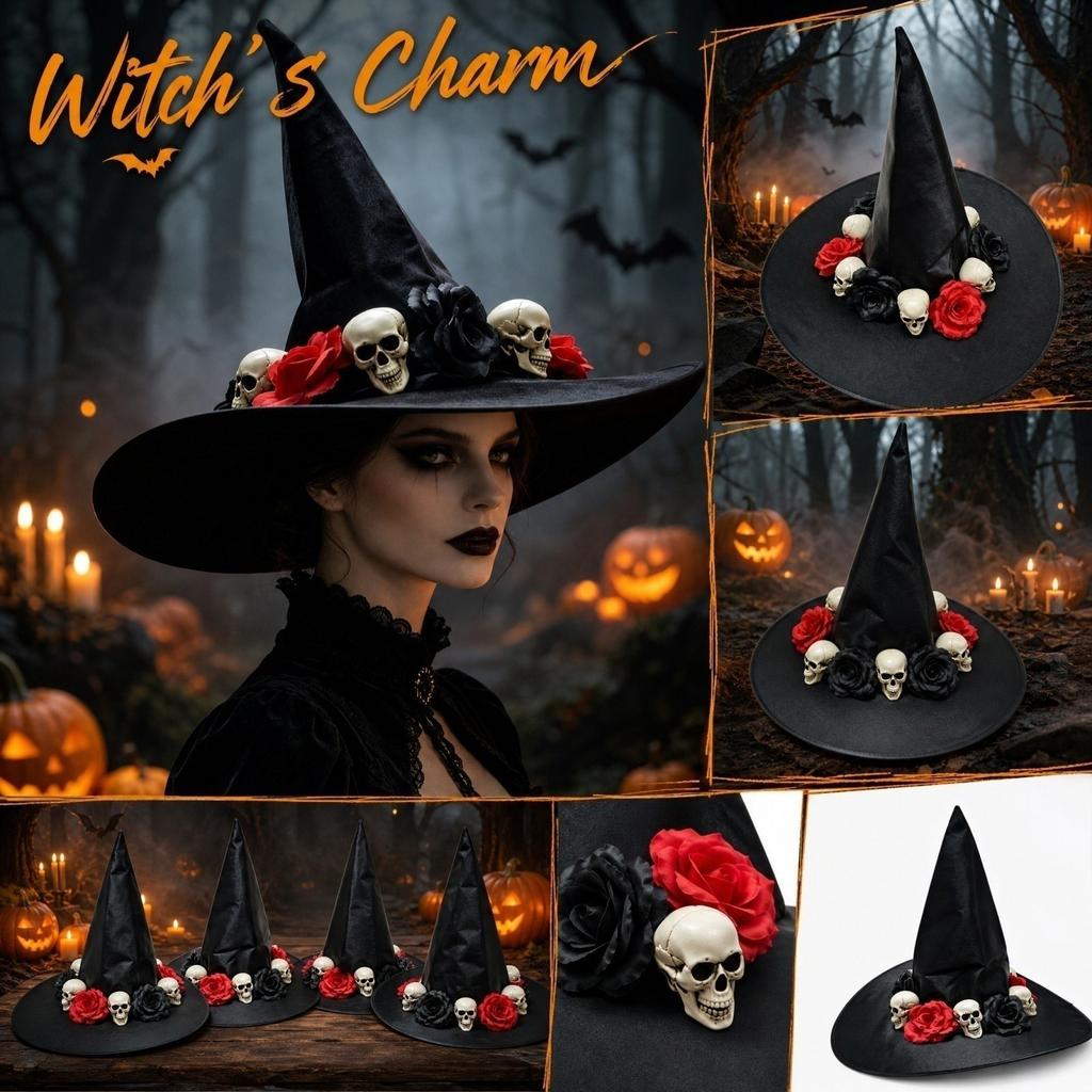 Black Satin Witch Hat for Halloween Costume Accessory