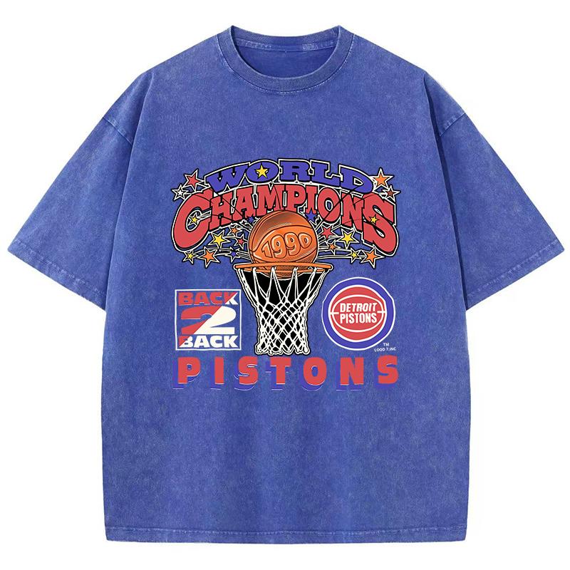 Vintage Womans Acid Wash T-Shirts World Championships Pistons Prints Tops Crewneck Cotton Oversize Tee Shirts Clothes
