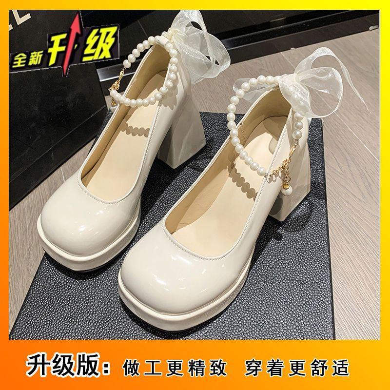 New Thick Heel Temperament High Heels Spring and Summer Black Light Mouth Women's Single Shoes One-word Buckle Mary Jane Shoes Tide