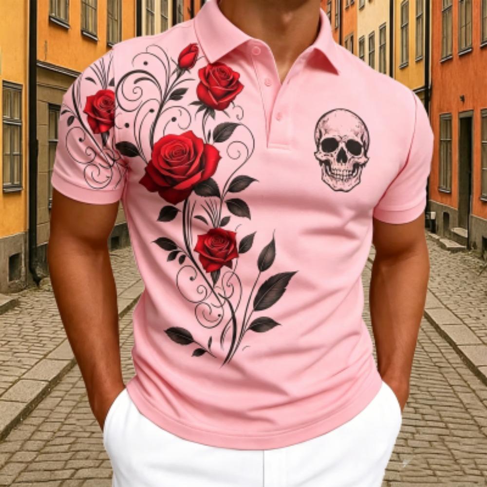 Fashion Skull Red Rose Floral Print Polo Shirt Men's Outdoor Street Short Sleeve Tees Top Summer Home Casual T-shirt Men's and Women's Polo Shirt