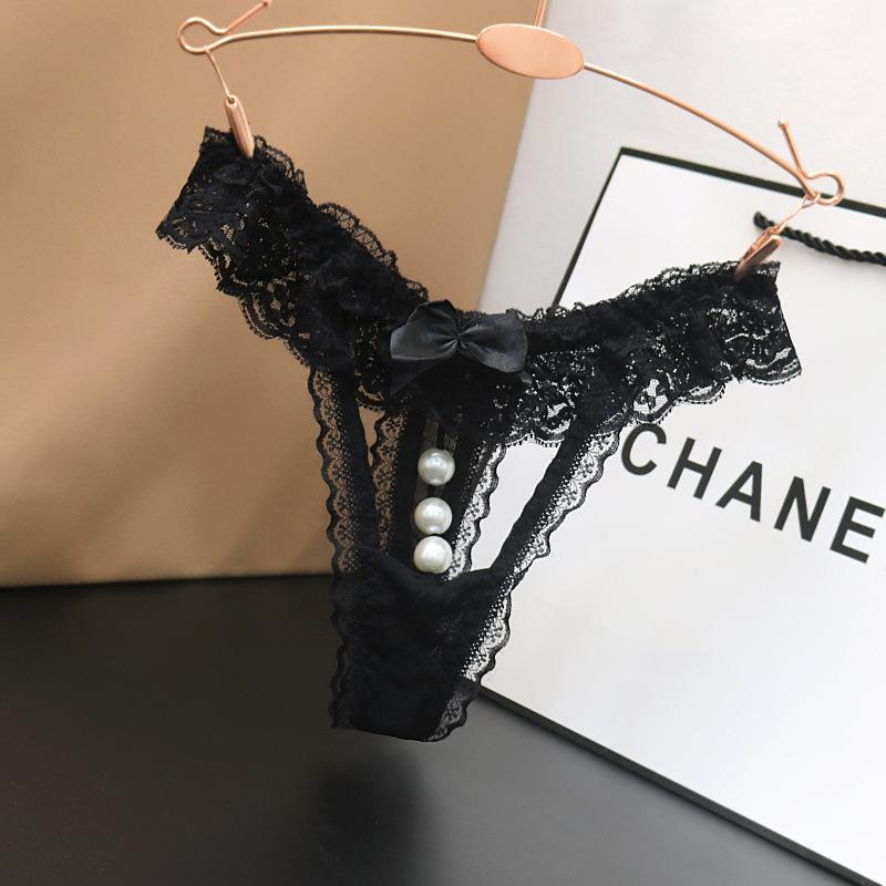 Transparent Lace Low-Waist Women's Thong with Pearl Massage Feature
