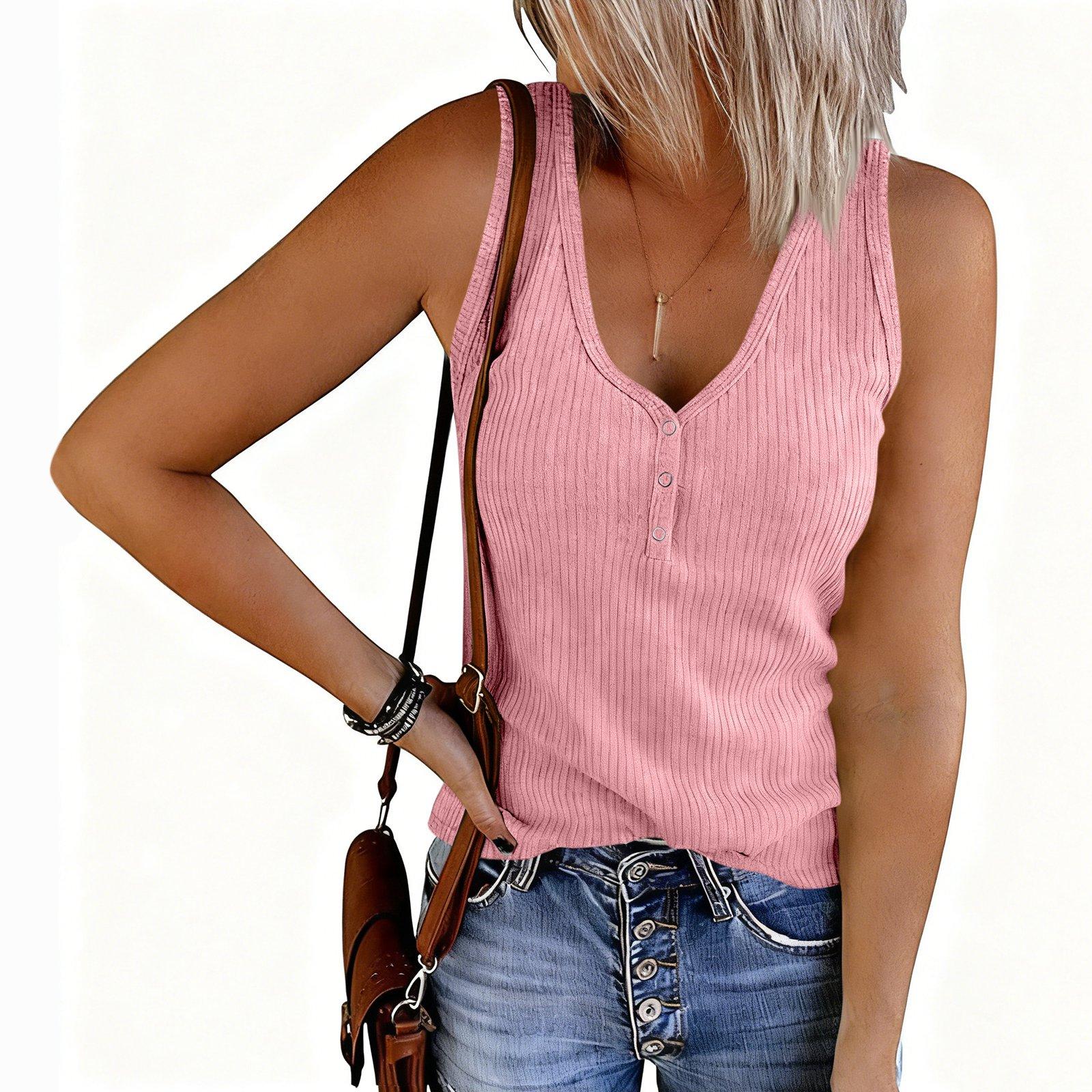 

Женский модный цветной трикотажный топ-майка без рукавов с V-образным вырезом на пуговицах M розовый