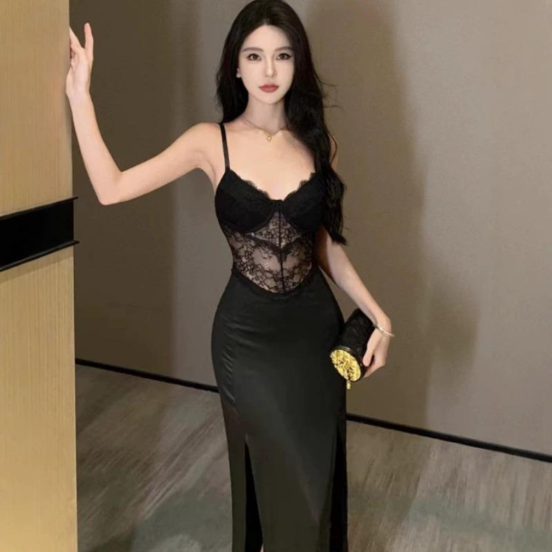 Waist Skirt Dress Split Fork Black Hollow Sexy Skirt Temperament Evening Dress with Chest Pad Suspender Lace Hip Skirt