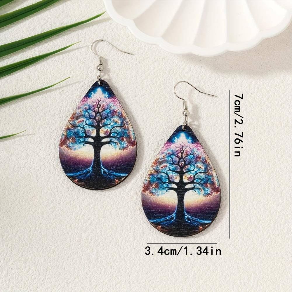 Pendientes Pintados Fashion Dream Hongo Lindo Árbol de la Vida Arco Iris Pendientes con Textura de Madera Versátiles para Damas