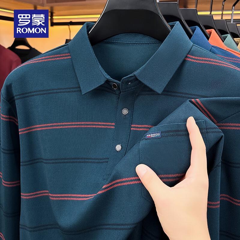 ROMON Men's Striped Business Casual Long Sleeve Polo Shirt