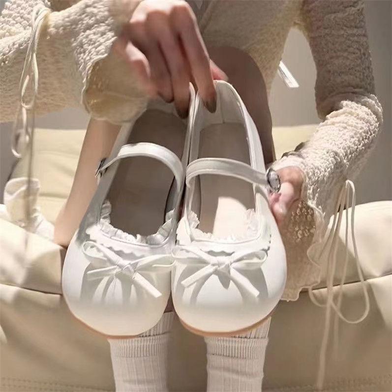 Enkelskor dam 2025 nya mjuka vita platå fransk rund tå tjock klack rosett en pedal Mary Jane skor