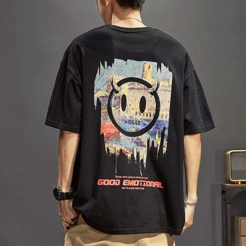 Oversized Fat Tees Mládež Ležérní trička Čínská Trendy s výstřihem do O Krátké rukávy Volný svetr Summer Devil Icon Print Košile Muži