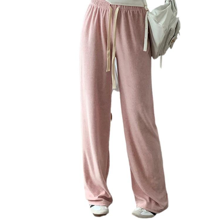 Damen High-Waist Kordelzug Weitbein Hose - Rosa Lässige Kaschmir Drapierhose für Herbst/Winter