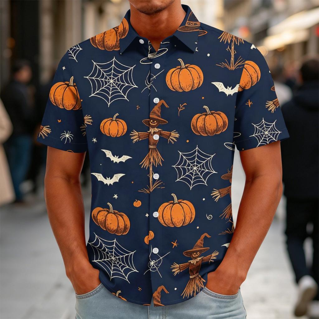 Herren Halloween Bedrucktes Vintage Textur Hemd Locker Atmungsaktiv Kurzarm Knopfleiste Lässiges Streetwear Oberteil für den täglichen Gebrauch