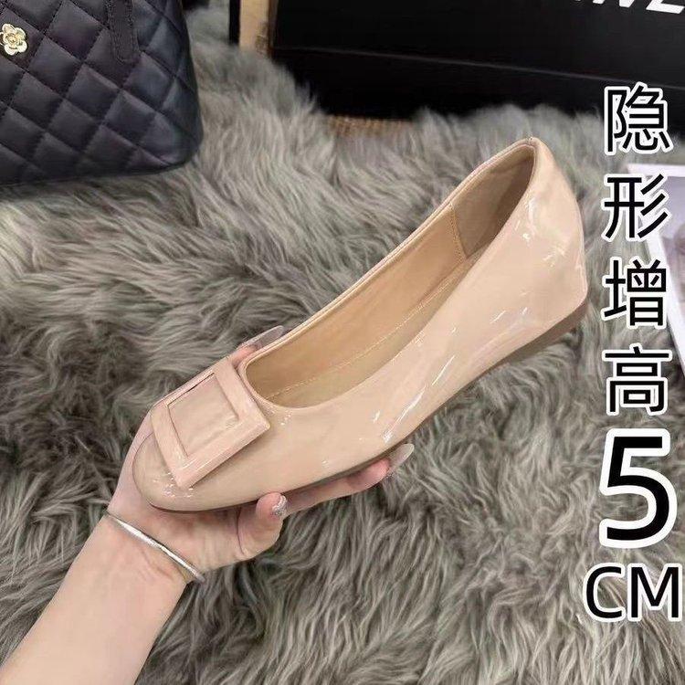 Small Man Increases Height Nude Square Buckle Light Mouth Single Shoes Women's 2025 Spring New French Round Head Fashion Leather Shoes