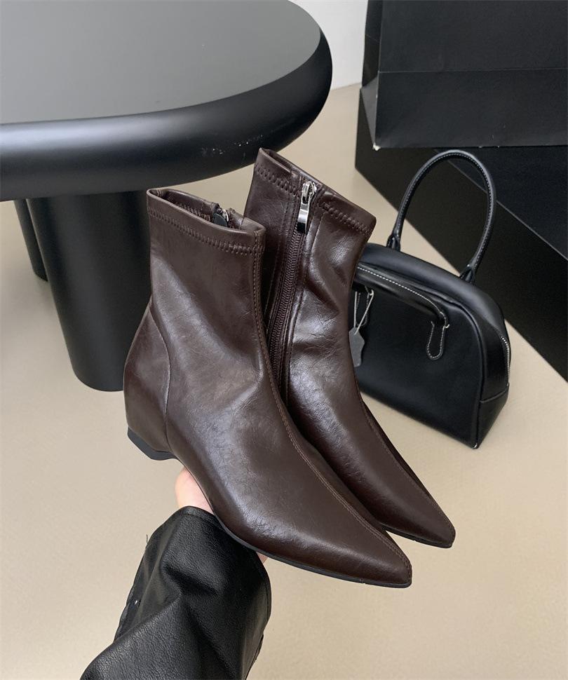 2025 New Autumn and Winter Pointed Women's Thin Boots Thin Heel Women's Boots French Medium Heel Short Boots Martin Boots