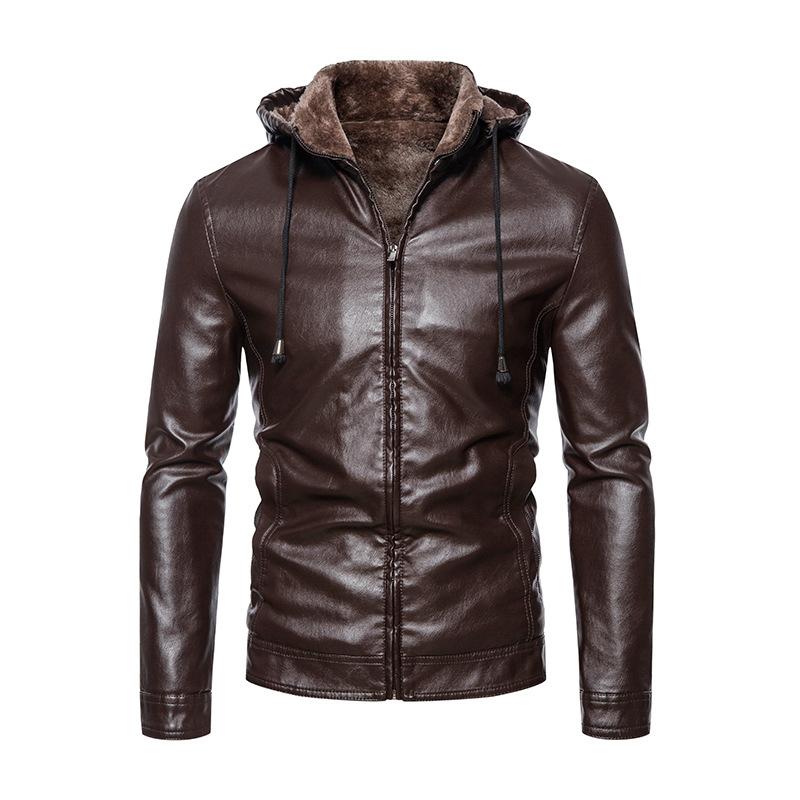 Men's Leather Jacket Autumn and Winter Korean Style Leather Jacket Men's Fur One-piece Pu Jacket Plus Velvet Thickened Dad Jacket Hooded