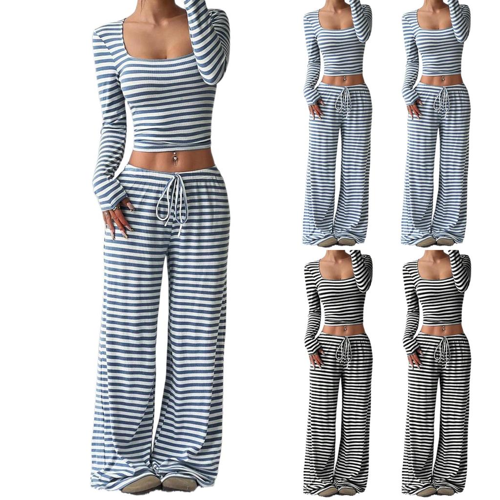 Women's Striped Pullover Long Sleeved Drawstring Wide Leg Pants Set