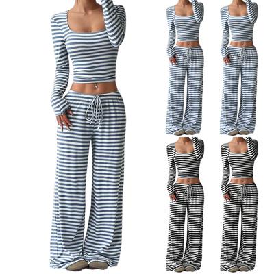 Women's Striped Pullover Long Sleeved Drawstring Wide Leg Pants Set