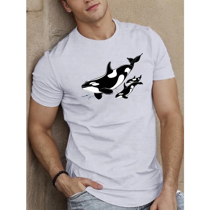 European Sizes Men S Casual Crew Neck T-Shirt with Geometric Orcas Swimming Design Knit Fabric Slight Stretch Regular Fit S разноцветный 1390₽
