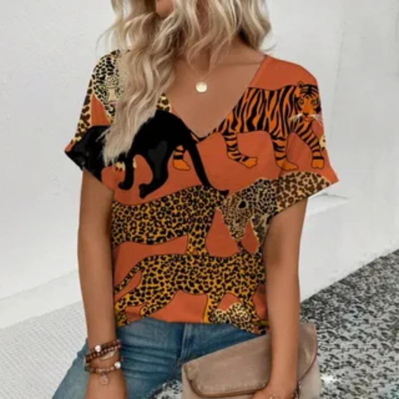 Summer V-neck 3D Leopard Print Pattern Printed Top Fashionable Casual Short Sleeved Women's T-shirts