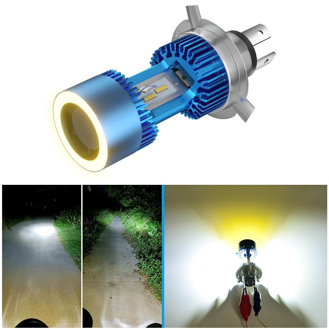 

POOPEE Светодиодная фара для мотоцикла, H4/HS1, Светодиодная лампа Hi/Lo, Беспроводная, Встроенная, 30 Вт, DC9-36В, Высокая яркость, H4/HS1 White + Yellow