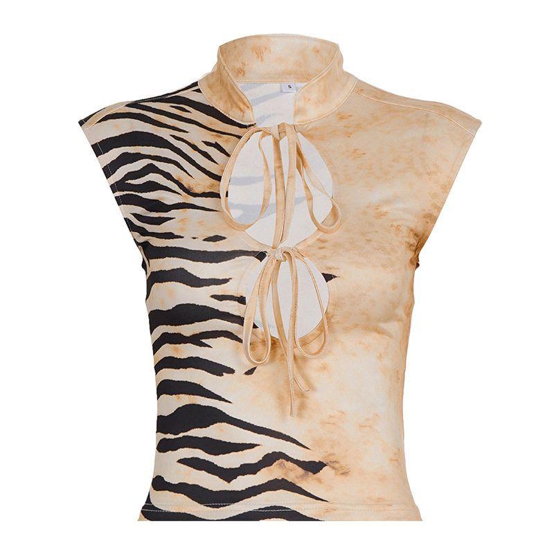 American-Style Spicy Girl Style Animal Print Niche Design Hollow-Out Lace-Up Top Sexy Slim-Fit Color-Block Stand-Collar Vest Khaki S