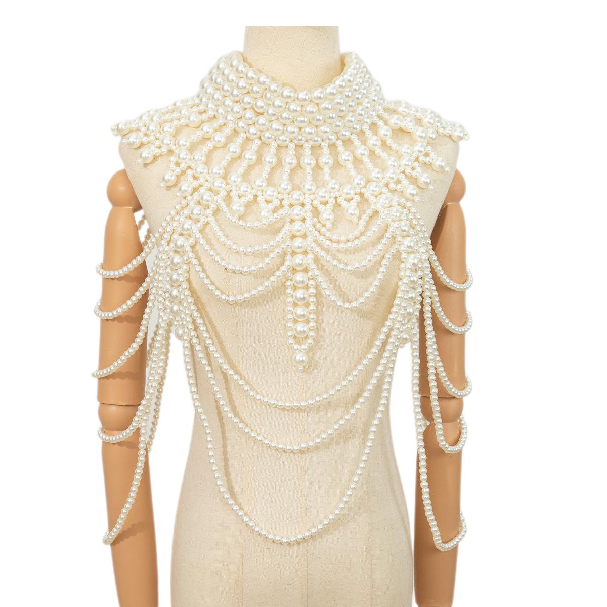 

Retro Pearls Crystal Body Jewelry Chain Handmade Beaded Women Bridal Wedding Dress Large Necklace Jewelry Accessories белый