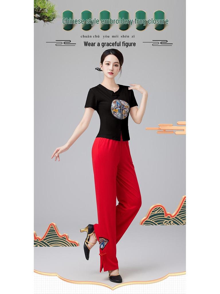 2024 Women's Chinese Style Dancewear: Short Sleeve Fitness Casual Top