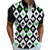 Casual Lapel T-shirt Young Men's Fashion Zipper T-shirt Short Sleeve T-shirt Men's 3D Card Pattern Print T Shirt