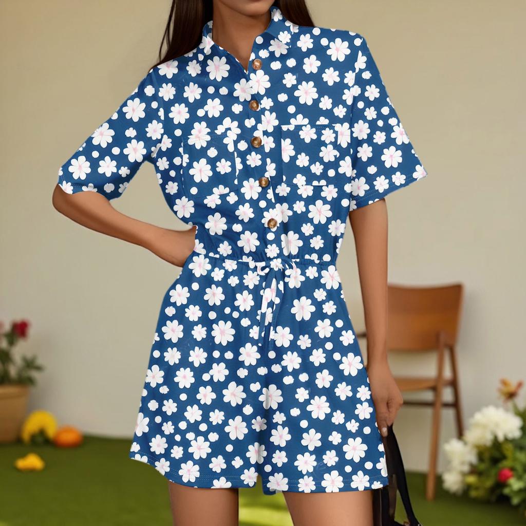 Damenmode V-Ausschnitt Jumpsuit Karomuster Lässig Kurzarm Top Jumpsuit