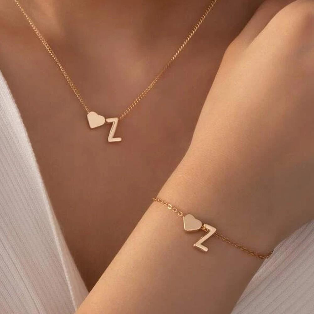Retro Metal Heart 'M' Necklace & Bracelet Set for Women - European & American Letter Jewelry