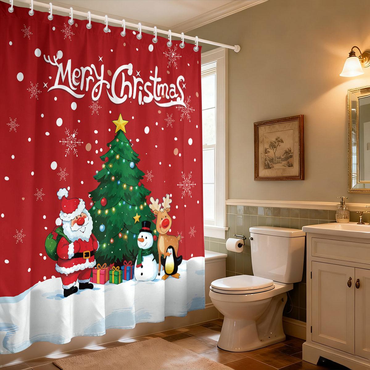 

GAE1pc Christmas Tree Cartoon Santa Claus Print Waterproof Shower Curtain Privacy Hanging Curtain with 12 Hooks Multi Size 90x180cm