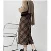 Women's Small Brown Plaid Wool Blend High-Waisted A-Line Midi Skirt, Autumn Retro Style
