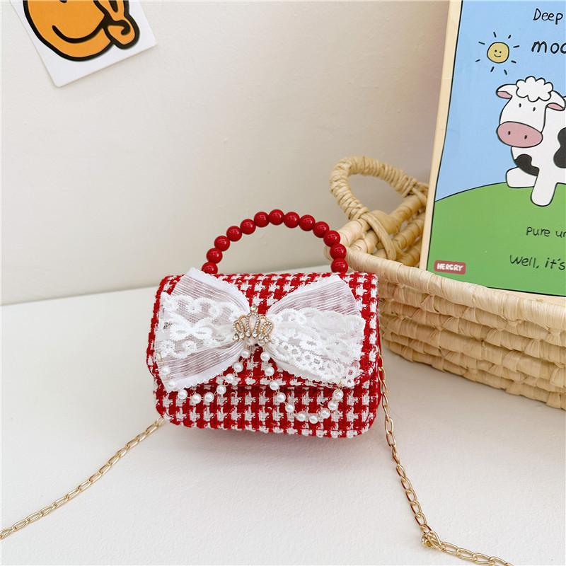 Adorable Girl's Bowknot Coin Purse Charming Pearl Handbag Trendy Chain Shoulder Bag