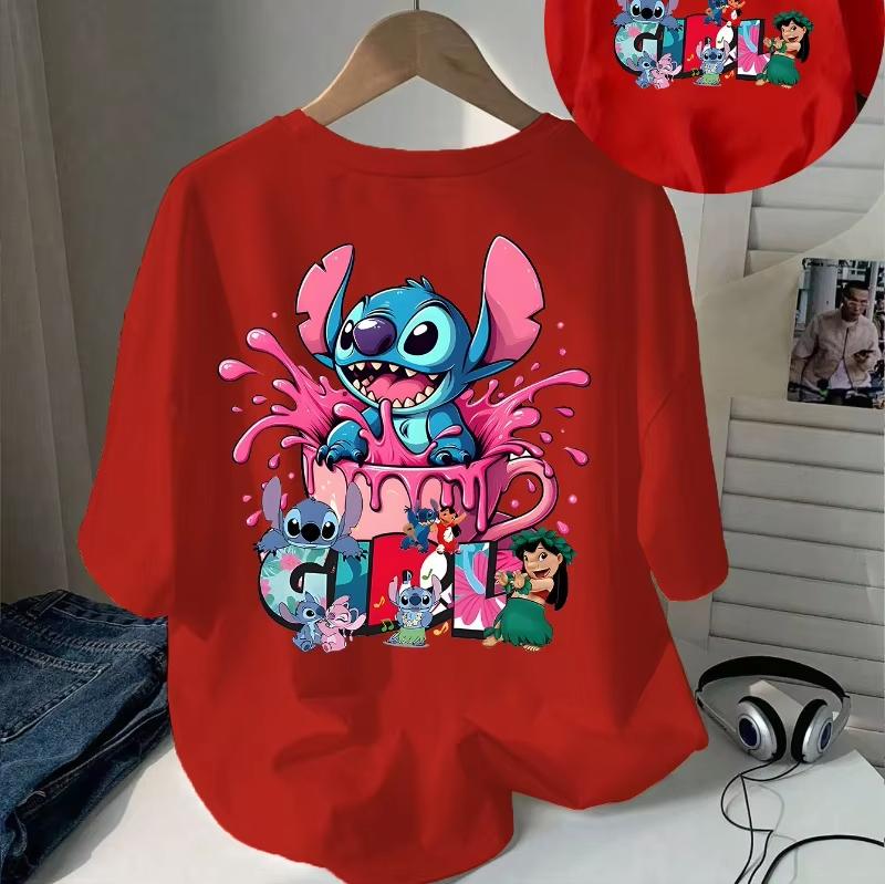 

2026 New Cartoon Stitch and Partner Anime Graphic Print Unisexs and Womens Wear Crew Neck Loose Large Size Short Sleeve S